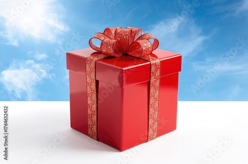 Crimson gift package under a clear blue sky for holiday celebrations and snowy white background for the New Year's event