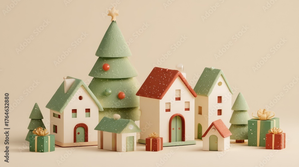 Fototapeta premium Cute and Simple 3D Visualization of Christmas Houses and Tree with Festive Decorations and Gifts