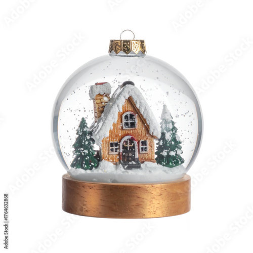 Festive christmas snow globe ornament featuring a cozy winter cabin scene with snow covered trees and glittery snowflakes