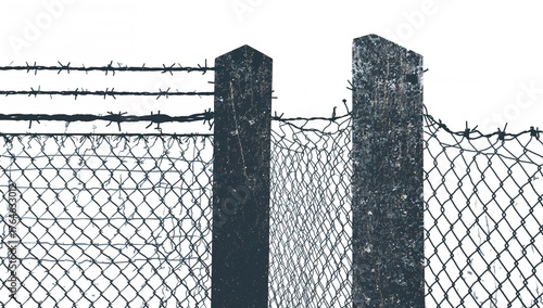 Outline of a Wire Mesh Barrier with Sharp Wire and a Concrete Post against a Light Backdrop