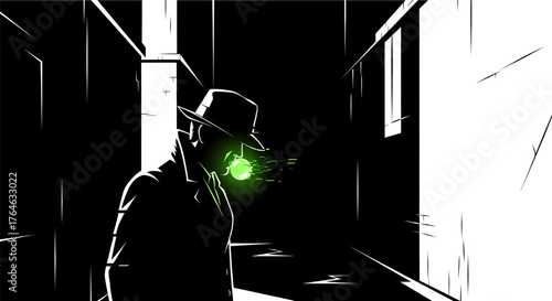Stylized, high-contrast illustration of a mysterious figure in a trench coat and hat, side profile in a dark alley with a glowing green bubble breaking apart from his mouth.