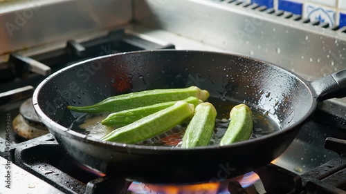 Green Okra Sizzling in Hot Oil over Gas Flame