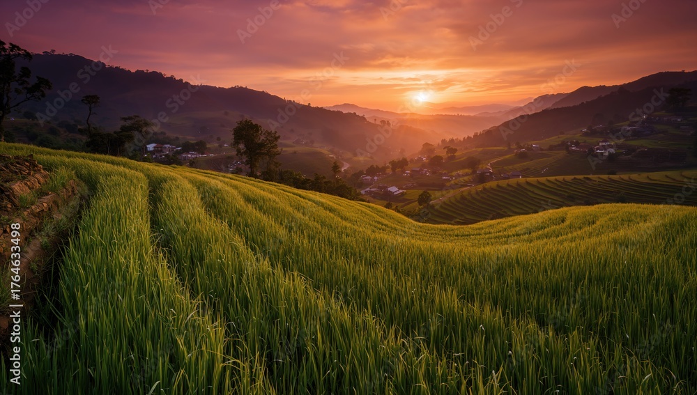 Fototapeta premium Sunset over layered rice fields