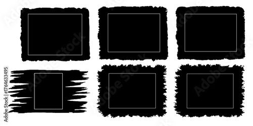 Set of vector grunge shapes blank in stoke and fill style for photo frame, Retro old paper picture frame template for nostalgia scrapbook. Vector brush rectangle grunge shape.