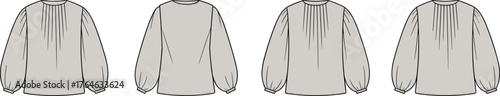 Women’s pleated front and back long sleeve blouse technical fashion flat sketch, clothing design template, cad drawing flat vector illustration