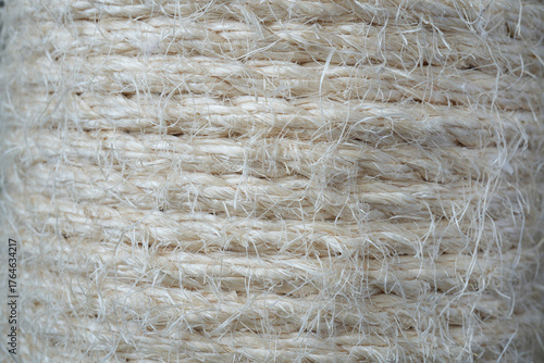 Cat scratching post close-up, macro texture of sisal rope