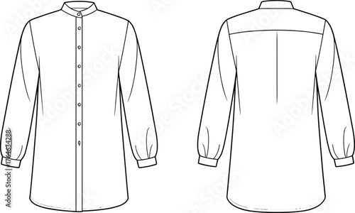 Women’s long sleeve button down shirt with mandarin collar and back pleat detailed technical fashion sketch, cad drawing flat vector illustration