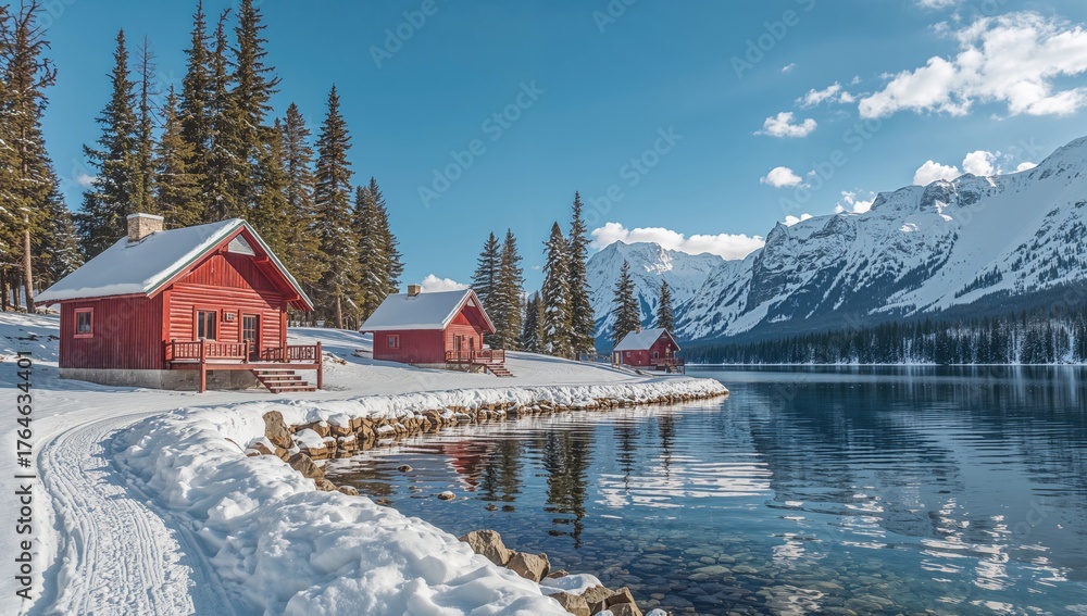 Fototapeta premium Cozy crimson cottages beside a picturesque frozen lake provide a perfect retreat and excitement