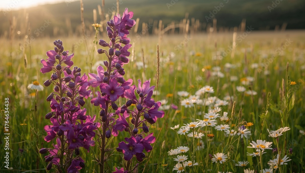 Obraz premium Bright arrangement of violet blossoms flourishing alongside gentle daisies in a sun-kissed field at sunset