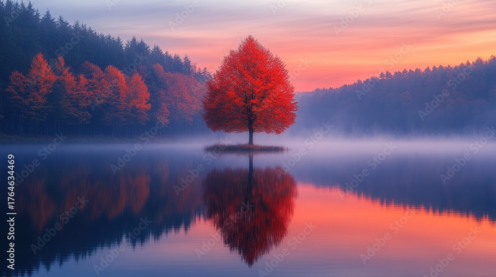 Fototapeta premium Autumnal tree mirrored in calm lake