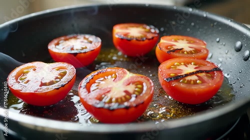 Seared Tomato Halves Sizzling in Oil with Smoky Char Marks