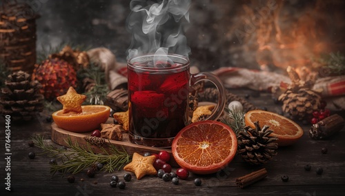 Fototapeta Naklejka Na Ścianę i Meble -  Dark wooden table adorned with spices and a glass of warm mulled red wine