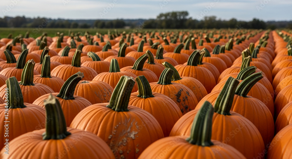 Fototapeta premium Rows of orange pumpkins in a field, showcasing autumn harvest abundance and the beauty of nature's bounty