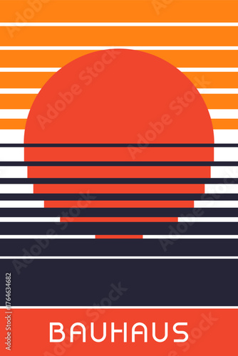 Sunset Bauhaus Poster with Horizontal Lines and Bold Red Circle