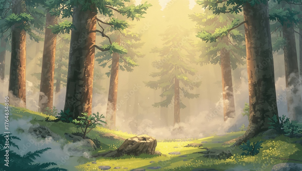 Obraz premium Sunlight piercing mist over a dense spruce woodland evokes a magical vibe in an animated cartoon aesthetic.