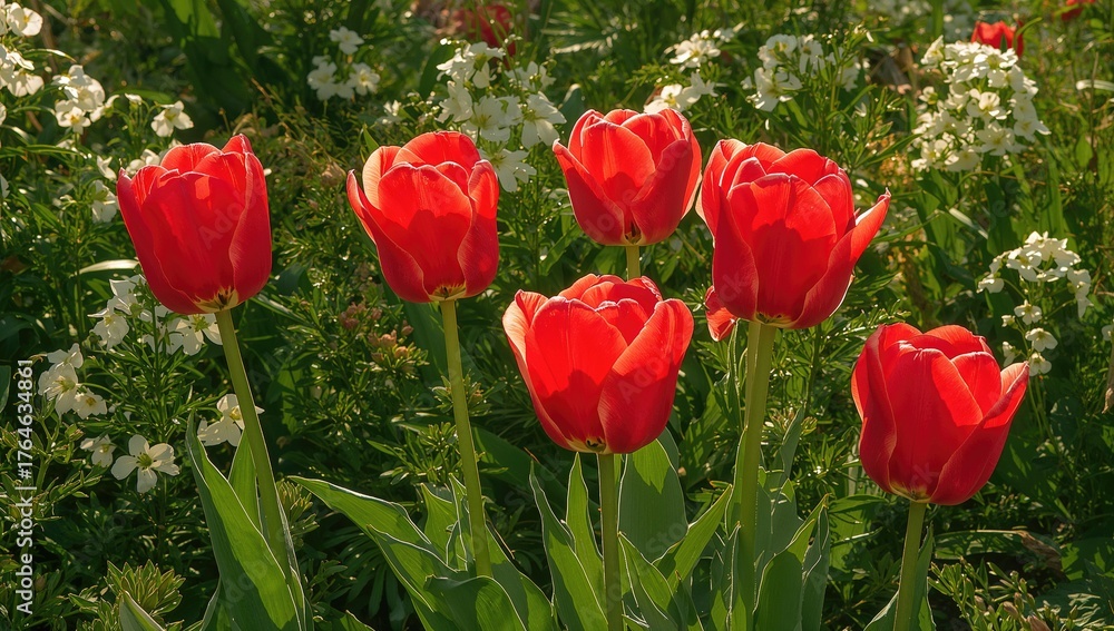 Obraz premium Red tulip blossoms in a vibrant floral garden setting