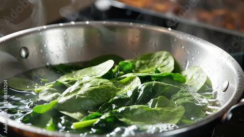 Spinach Leaves Blanching in Steaming Water for Healthy Greens