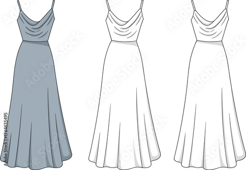 Elegant long evening gown technical flat fashion design with draped neckline and spaghetti straps front view, cad drawing flat vector illustration