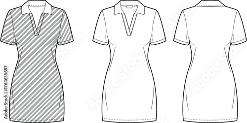 Women polo dress technical fashion flat sketch front and back view with short sleeves for apparel design, cad drawing flat vector illustration