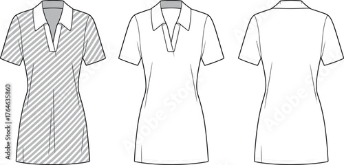 Women polo dress technical fashion flat sketch front and back view for apparel design, cad drawing flat vector illustration