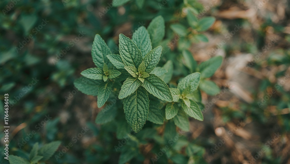 Fototapeta premium Close-up of a cultivated mint herb from above with focused detail