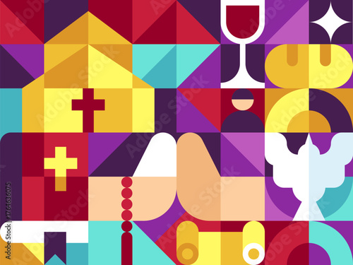 Seamless pattern of Christianity and Catholic, theme in bauhaus geometric style arrange as grid