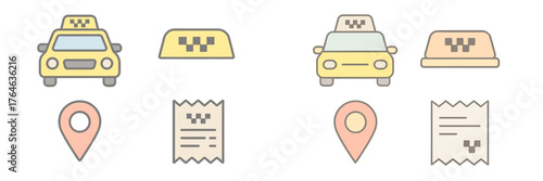 Icons representing taxi services, including vehicles, fare receipts, and location markers