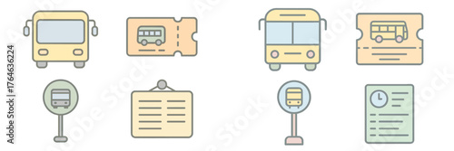 Illustration of city transport elements including buses, tickets, and bus stop information in a simple and colorful design