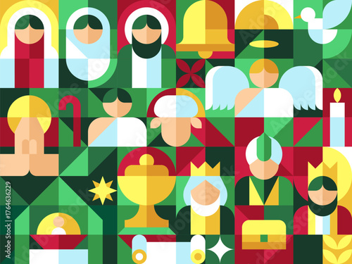 NATIVITY SCENCE with three wise men in bauhaus geometric style arrange as grid