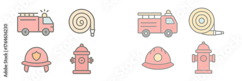 Fire safety symbols featuring a fire truck, hoses, helmets, and hydrants for educational purposes