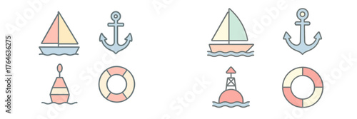 Colorful nautical themed icons featuring boats, anchors, buoys, and life rings on a light background