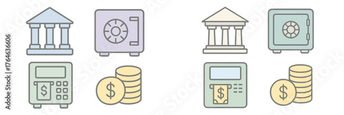 Visual representation of financial concepts including banks, safes, money, and coins in a clear layout for educational use