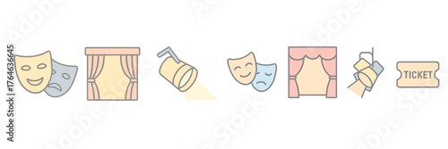 Enjoying a theater experience with masks, stage curtains, and tickets in a vibrant performance setting