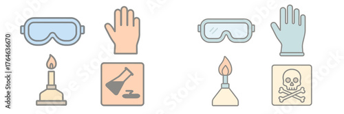 Safety symbols for laboratory work illustrating gloves, goggles, and hazard warnings