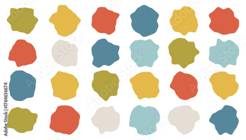 Set of liquid organic shapes, irregular form in vibrant colors. Colorful simple freeform, asymmetric blob. Random deformed abstract figures. Wavy spots or fluid amorphous splodges. Modern uneven blots