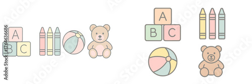 Colorful toys arranged on a light background perfect for a child's playroom