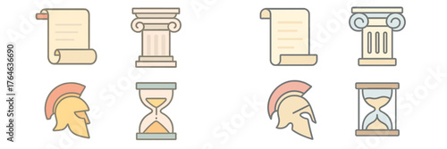 Ancient symbols of history and culture featuring scrolls, columns, and a warrior helmet in a simple design