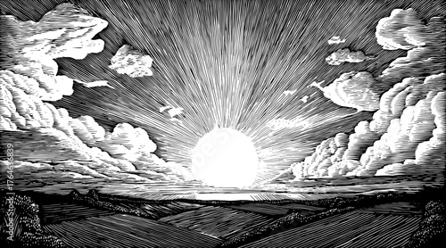 Dramatic sunrise breaking through clouds over rolling hills in vintage woodcut engraving illustration