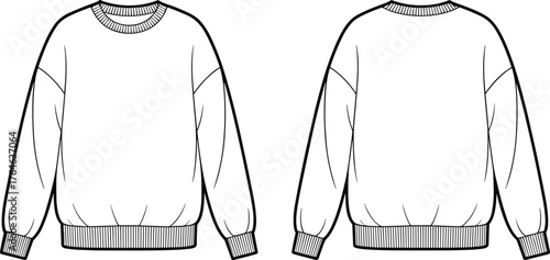 Sweatshirt flat sketch front and back view, crewneck pullover fashion design template for apparel illustration, cad drawing flat vector illustration