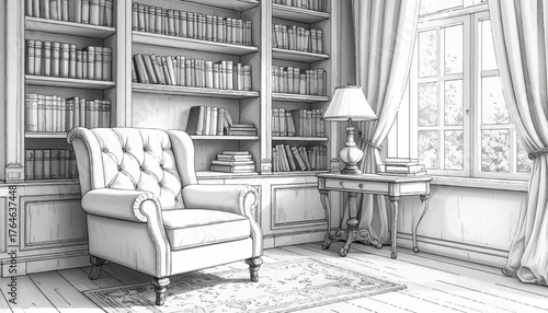Classic Reading Room Sketch with Armchair and Bookshelves