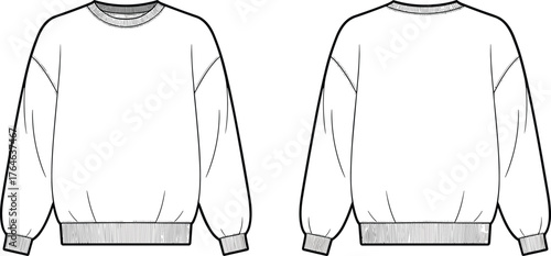 Crewneck sweatshirt flat sketch front and back view, fashion technical cad design template for clothing illustration, cad drawing flat vector illustration