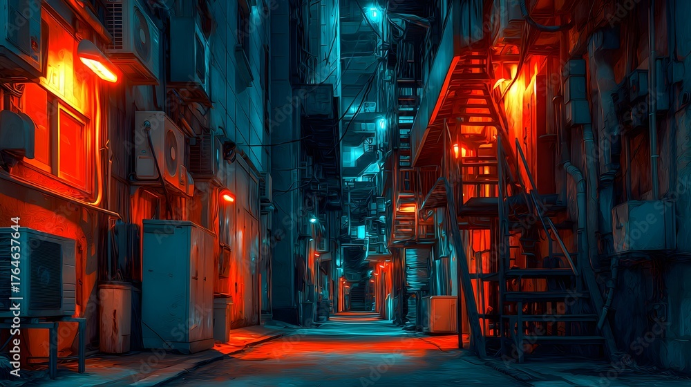 Fototapeta premium Narrow urban passageway illuminated by dramatic contrasting artificial lights