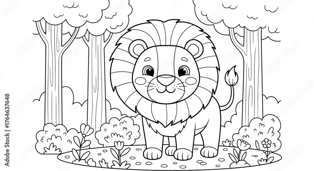 Fototapeta premium Cute Lion Line Art in Forest for Kids Coloring Page