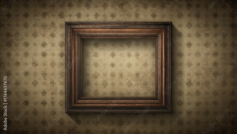 Fototapeta premium Vintage wooden frame hanging on a textured wall, classic art display design