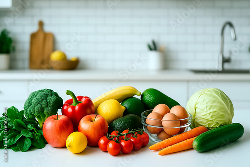 A colourful array of fresh fruits and vegetables on a kitchen counter. Includes apples, bananas, tomatoes, carrots, broccoli, eggs, and more