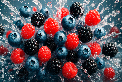 Bright berries—blueberries, raspberries, and blackberries—in a refreshing splash of water. A dynamic, colorful food shot.