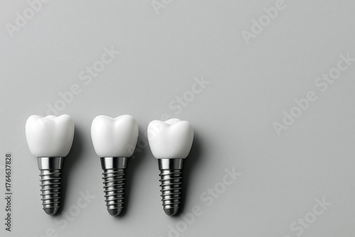 Three dental implants are displayed against a plain gray background. Highlighting modern dentistry and restorative dental procedures. Ample copy space