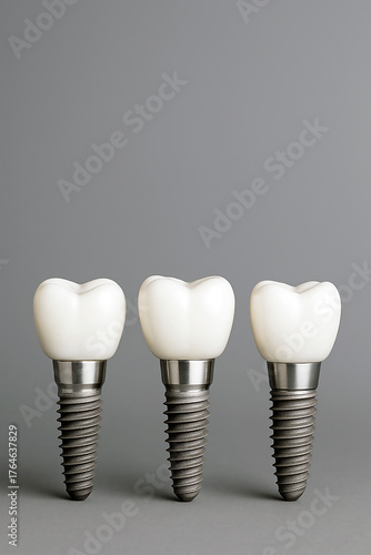 Three dental implants are depicted on a plain gray background, demonstrating modern dentistry and restorative procedures. There's ample space for text.