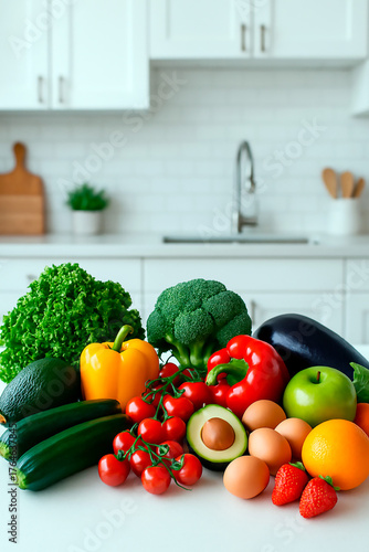 Colorful assortment of fresh fruits and vegetables on the kitchen counter. Includes apples, bananas, tomatoes, carrots, broccoli, eggs, and more.