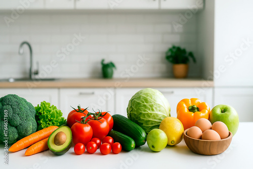 A colorful assortment of fresh fruits and vegetables on the kitchen table. Includes apples, bananas, tomatoes, carrots, broccoli, eggs, cucumbers, lemon, and lettuce.